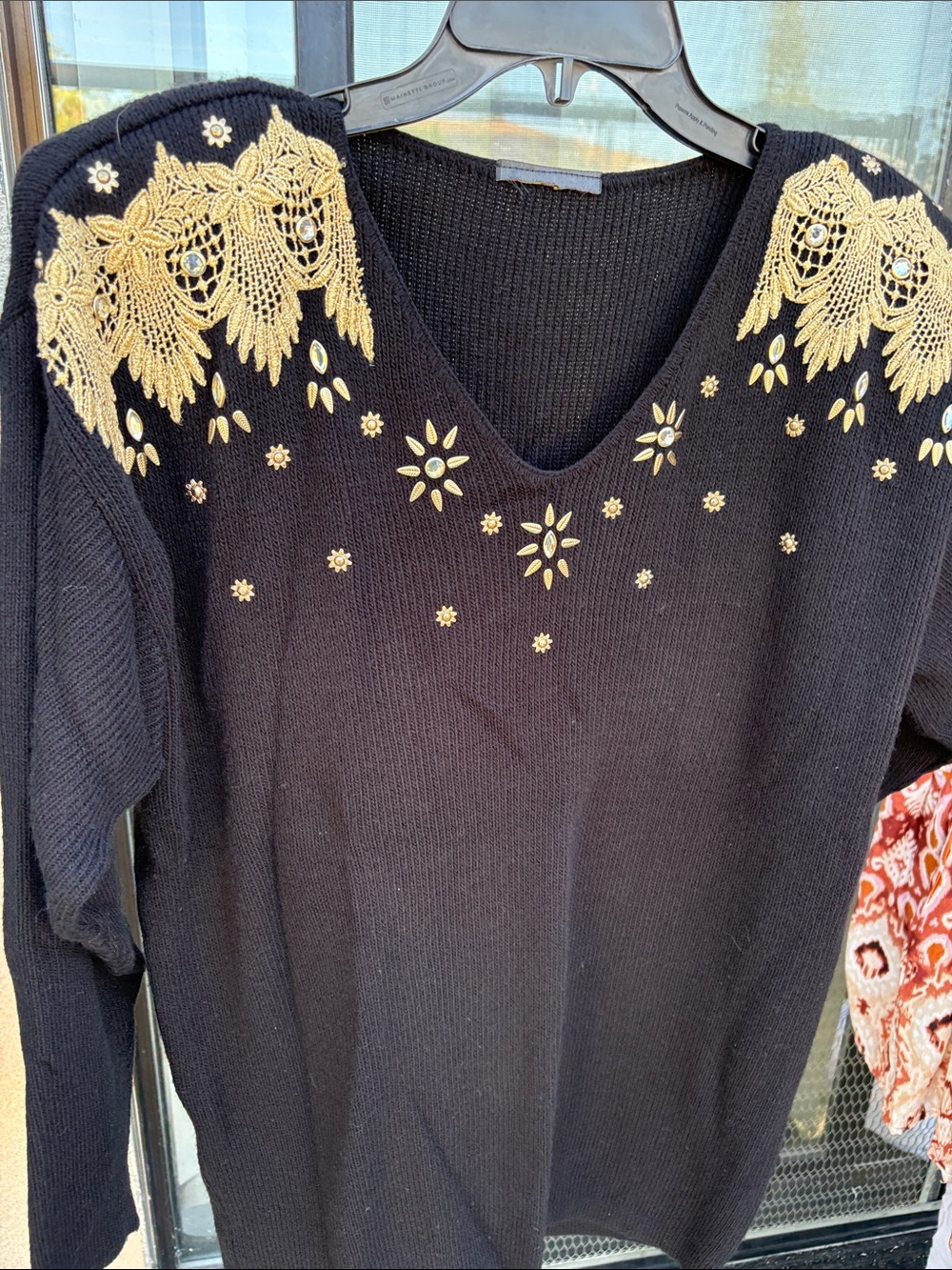 Focus USA Black Embellished V-Neck Sweater with Gold Lace Accents
